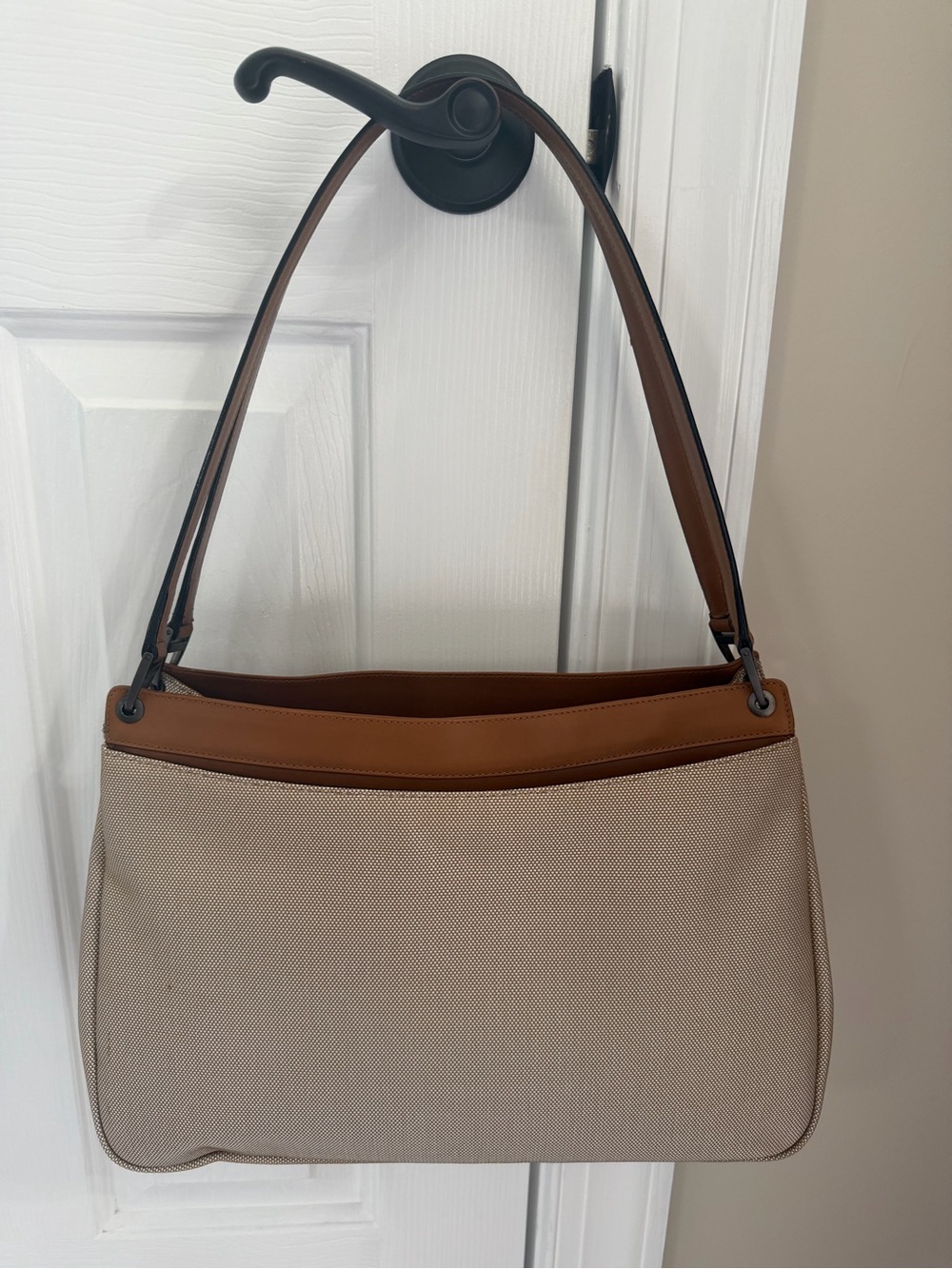 Bally Beige Canvas Shoulder Bag with Brown Leather Trim